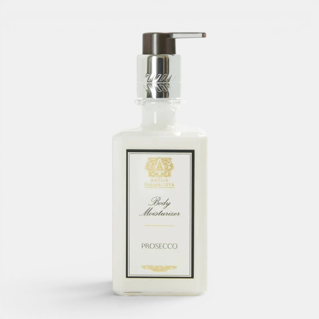 Shop Rescue Spa Prosecco body moisturizer in a clear rectangular bottle with a silver pump dispenser.