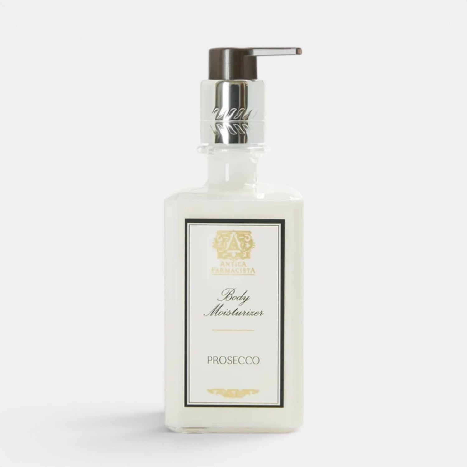 Shop Rescue Spa Prosecco body moisturizer in a clear rectangular bottle with a silver pump dispenser.