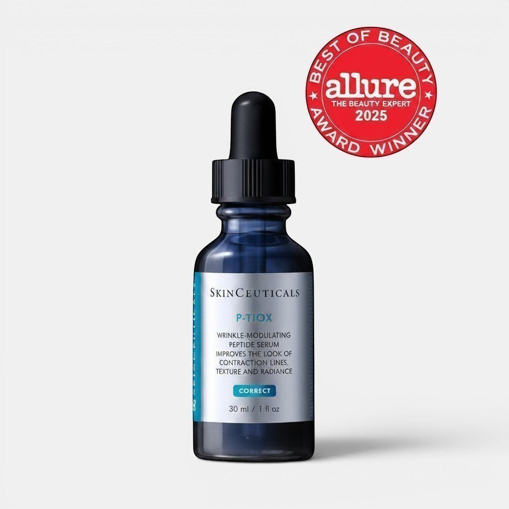 Shop Rescue Spa SkinCeuticals P-Tiox peptide serum in a blue glass dropper bottle with an Allure award seal.