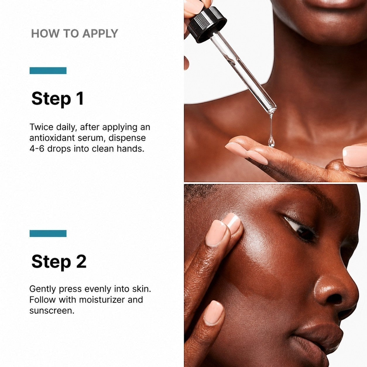 Shop Rescue Spa P-Tiox peptide serum application guide showing drops on hand and serum being applied to glowing skin