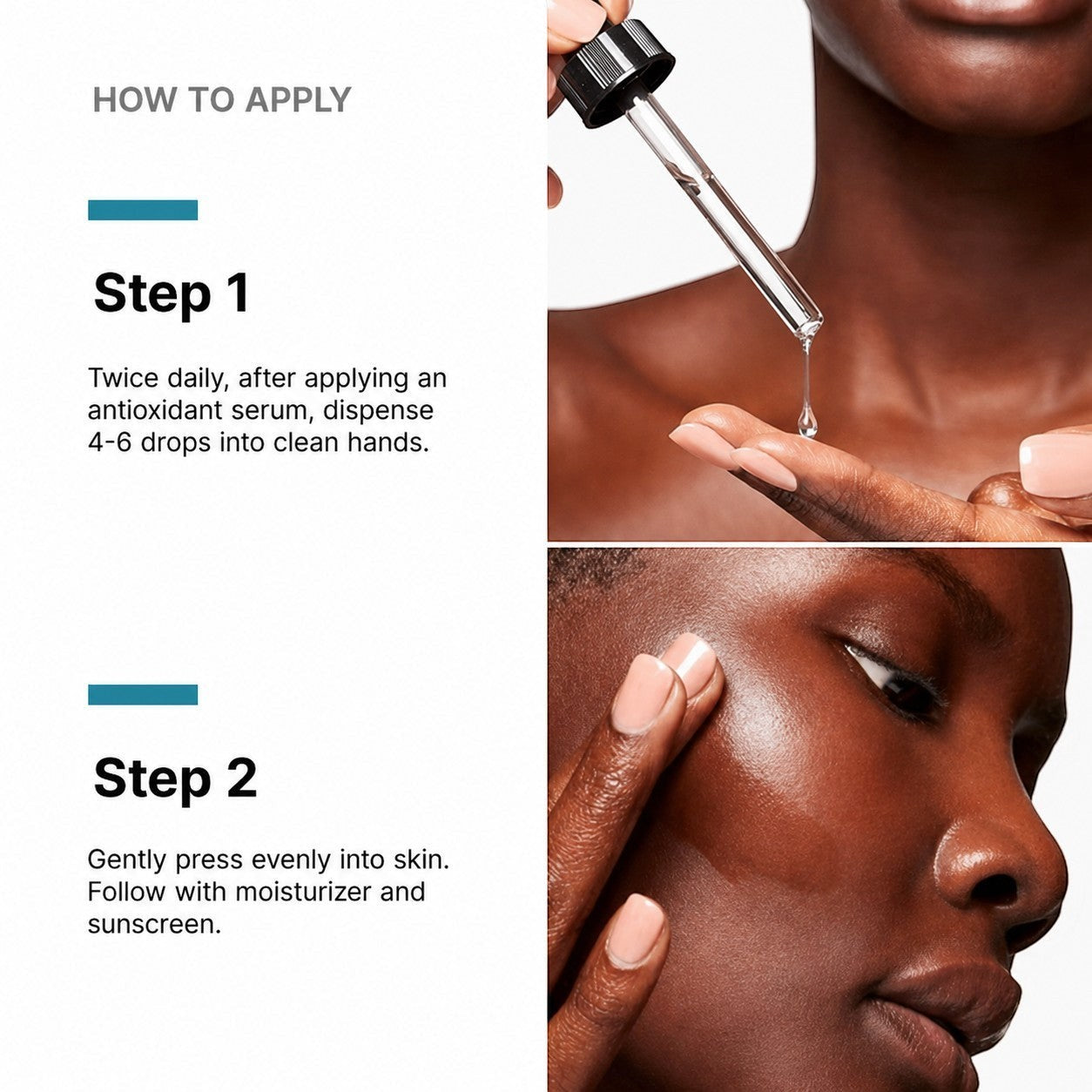 Shop Rescue Spa P-Tiox peptide serum application guide showing drops on hand and serum being applied to glowing skin