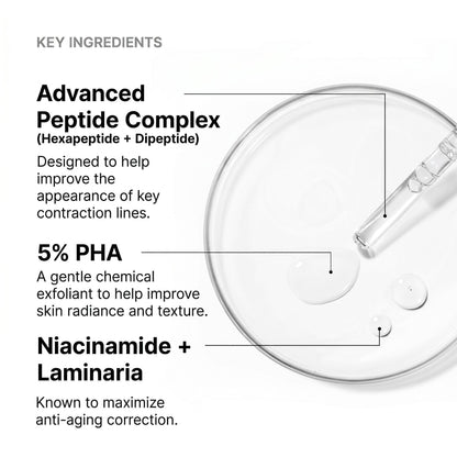 Shop Rescue Spa P-Tiox serum ingredients list featuring peptide complex, PHA, niacinamide, and laminaria extract.