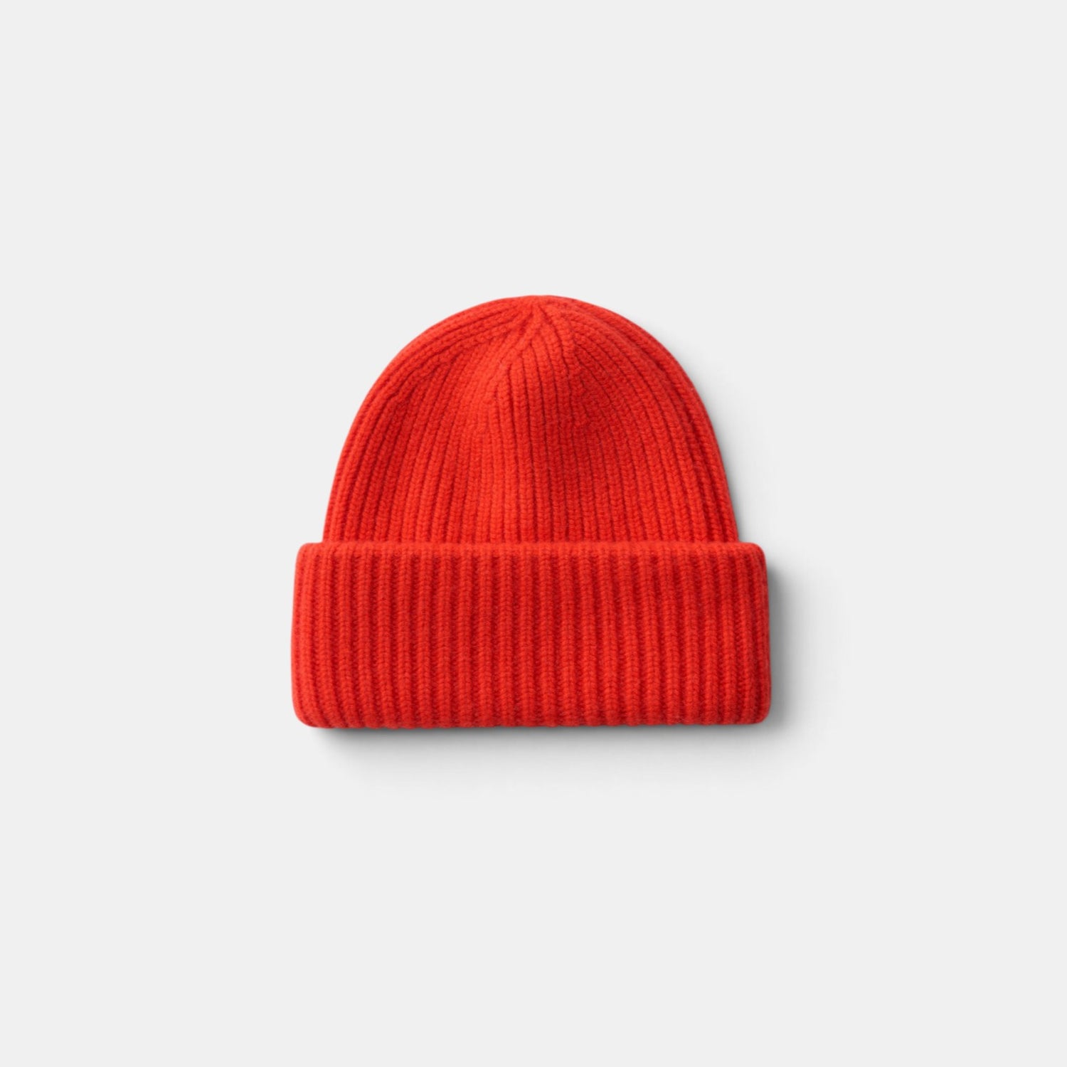Shop Rescue Spa red ribbed knit cashmere beanie with a folded cuff, unisex design.