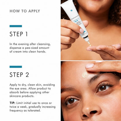 Shop Rescue Spa Retinol 0.5 night cream application steps showing a model dispensing and applying the face cream