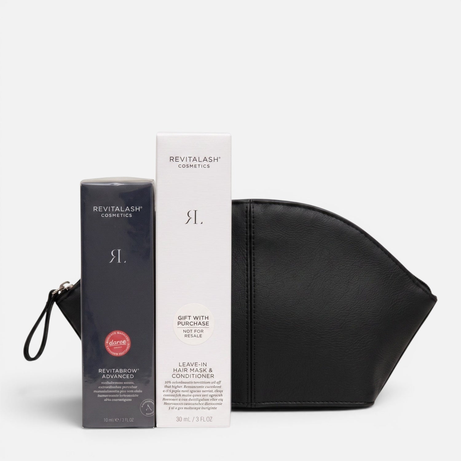 Shop Rescue Spa RevitaBrow Advanced eyebrow conditioner and RevitaLash hair mask set with a black cosmetic pouch.