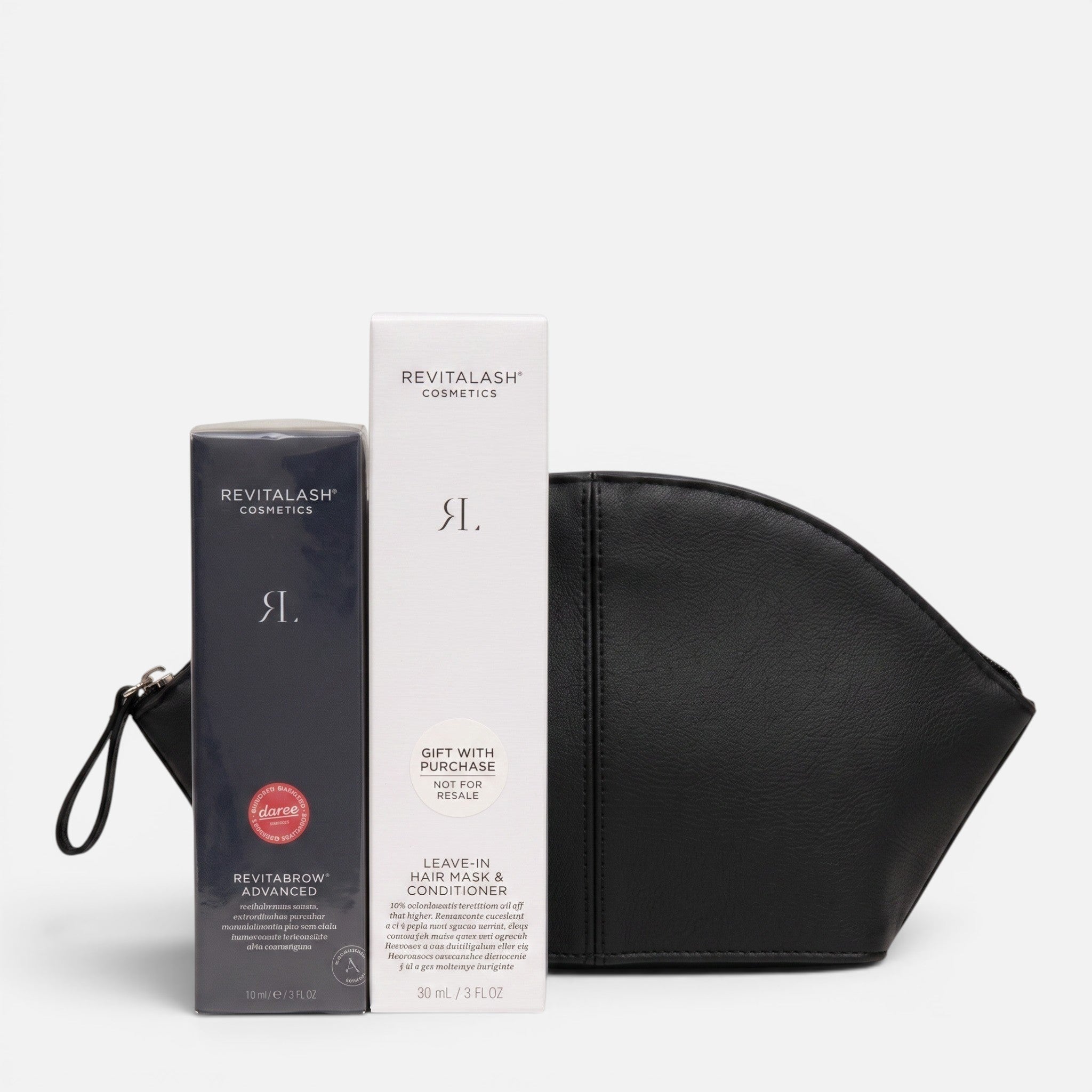 Shop Rescue Spa RevitaBrow Advanced eyebrow conditioner and RevitaLash hair mask set with a black cosmetic pouch.