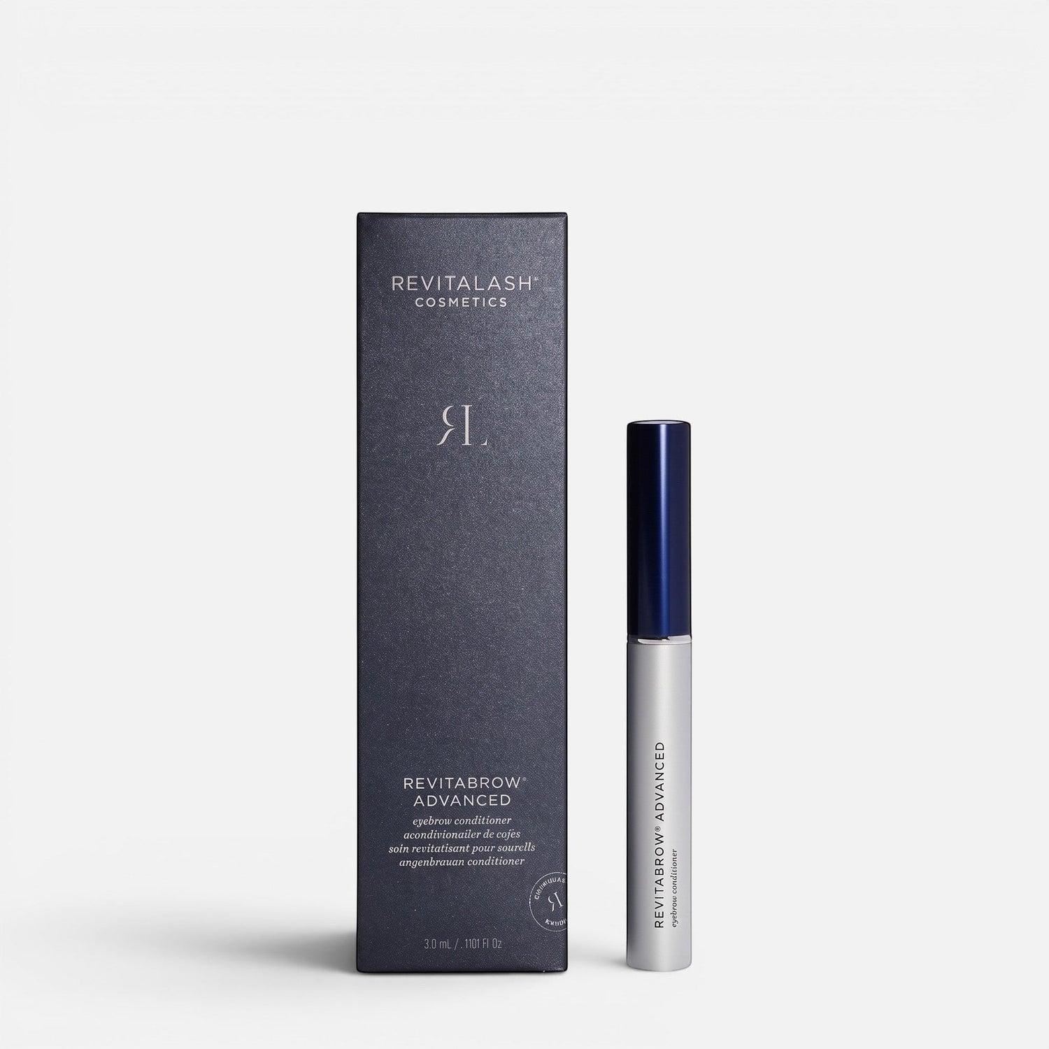 Shop Rescue Spa RevitaBrow Advanced eyebrow conditioner serum with its dark grey product box on a white background.