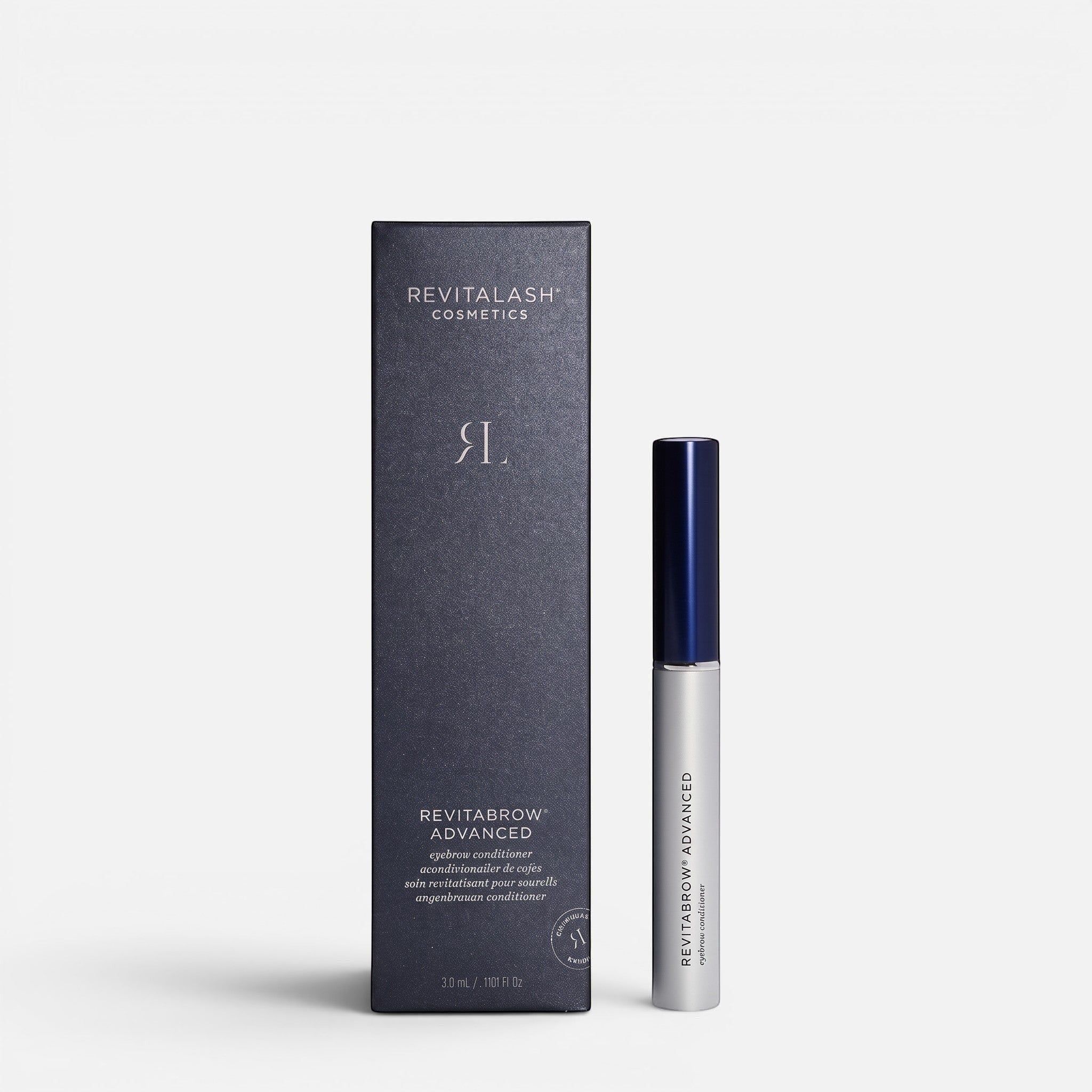 Shop Rescue Spa RevitaBrow Advanced eyebrow conditioner serum with its dark grey product box on a white background.