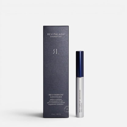Shop Rescue Spa RevitaBrow Advanced eyebrow conditioner serum with its dark grey product box on a white background.