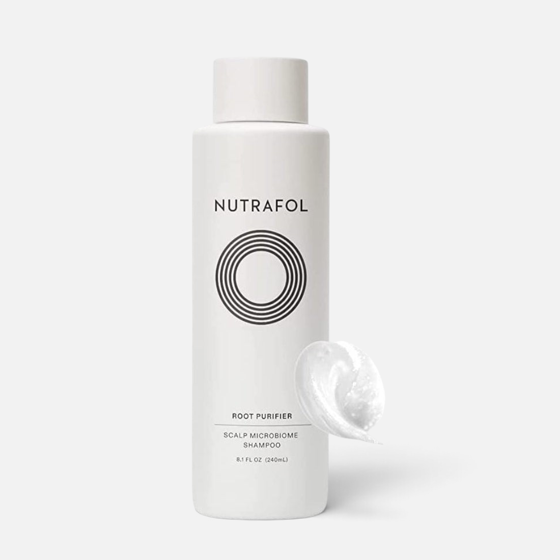 Shop Rescue Spa Nutrafol Root Purifier scalp microbiome shampoo bottle with a white creamy texture swatch