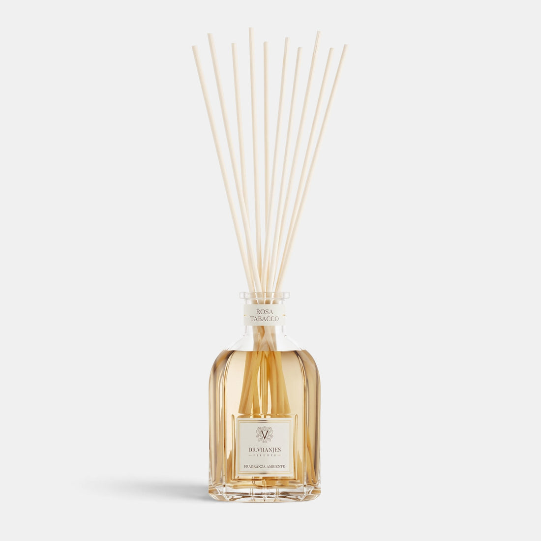 Shop Rescue Spa Dr. Vranjes Firenze Rosa Tabacco room diffuser in a clear glass bottle with reed sticks