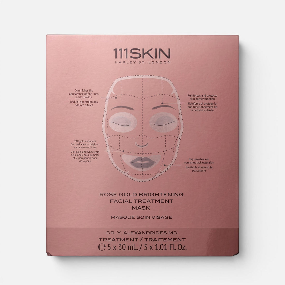 Shop Rescue Spa 111SKIN Rose Gold Brightening Facial Treatment Mask box with diagram of face application areas