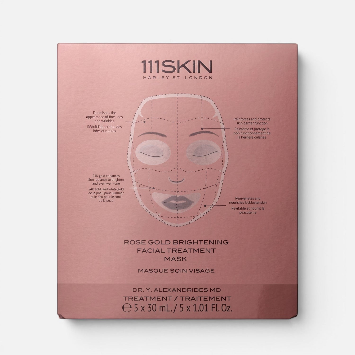 Shop Rescue Spa 111SKIN Rose Gold Brightening Facial Treatment Mask box with diagram of face application areas