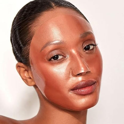 Model wearing a Shop Rescue Spa rose gold hydrogel facial treatment mask for a bright and hydrated complexion