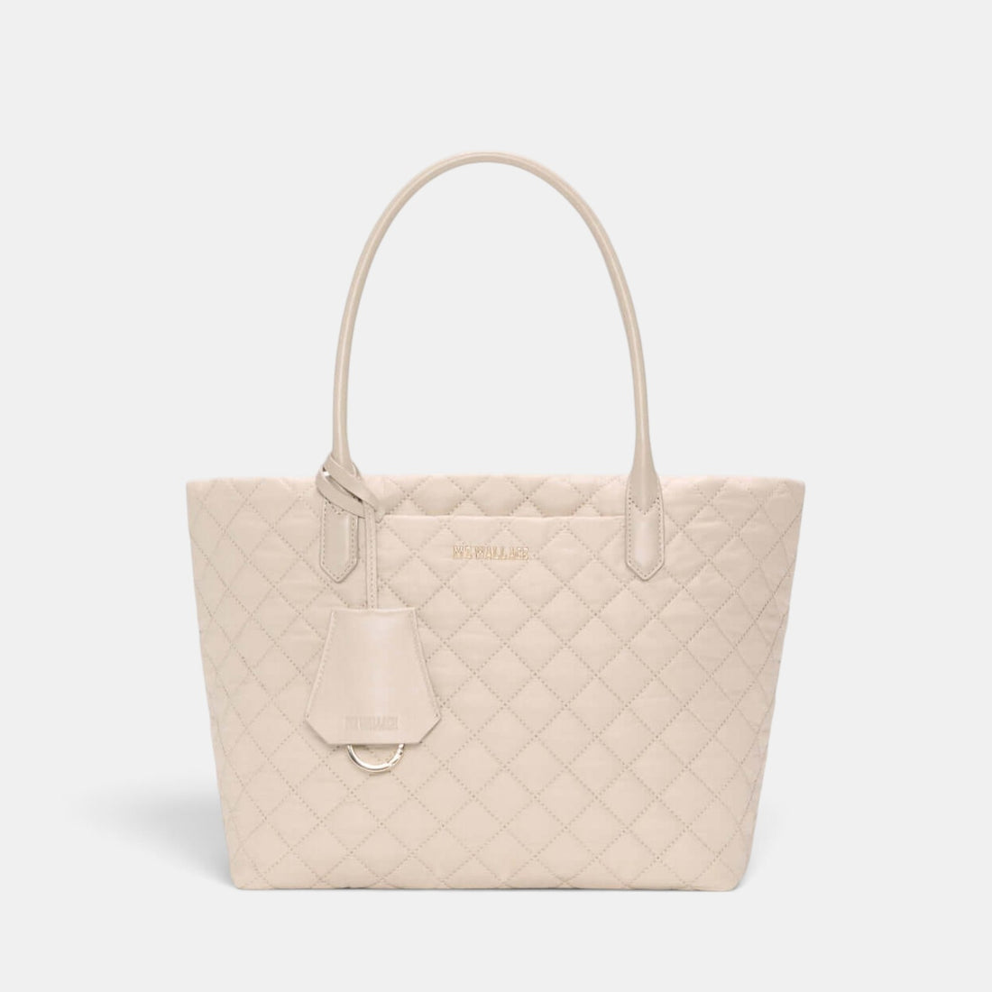 Shop Rescue Spa Sand Small Daily Tote in quilted beige nylon with Italian leather handles and light gold hardware.