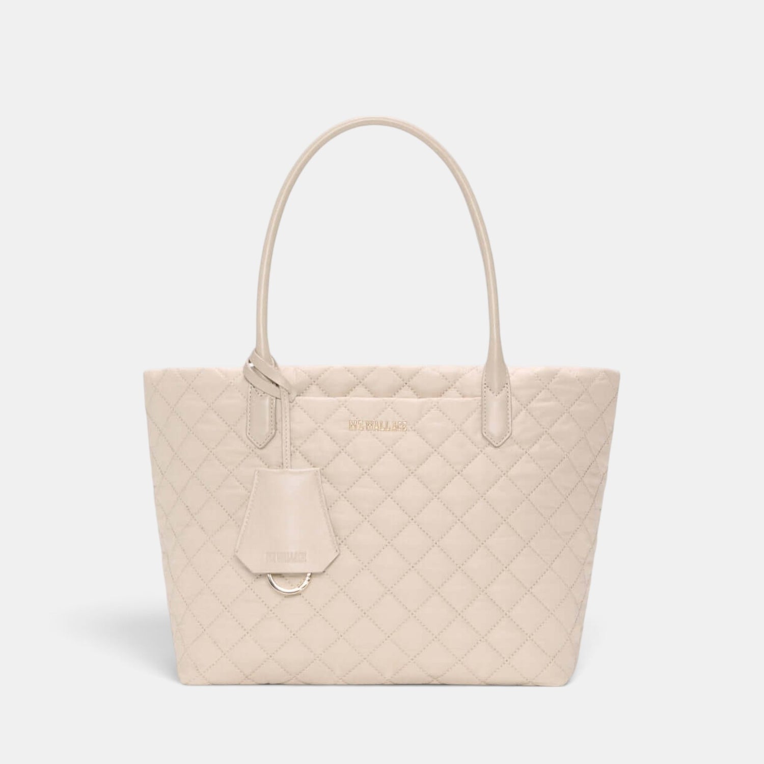 Shop Rescue Spa Sand Small Daily Tote in quilted beige nylon with Italian leather handles and light gold hardware.