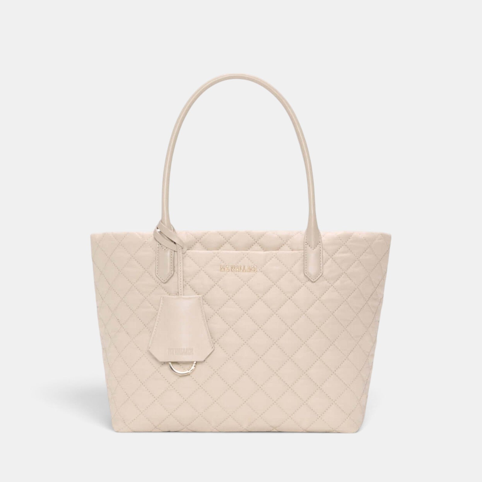 Shop Rescue Spa Sand Small Daily Tote in quilted beige nylon with Italian leather handles and light gold hardware.