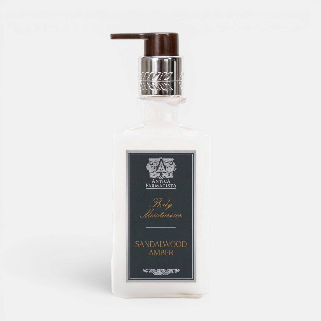 Shop Rescue Spa Antica Farmacista Sandalwood Amber body moisturizer in a clear pump bottle with a dark brown cap.