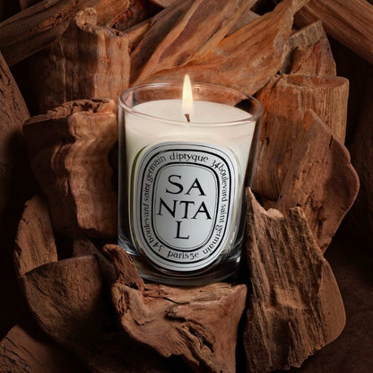 Shop Rescue Spa Diptyque Santal scented candle in a glass jar, surrounded by raw sandalwood pieces.