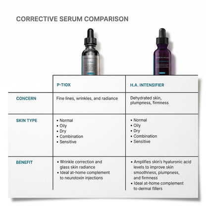 Shop Rescue Spa comparison chart for SkinCeuticals P-Tiox peptide serum and H.A. Intensifier for wrinkle correction.