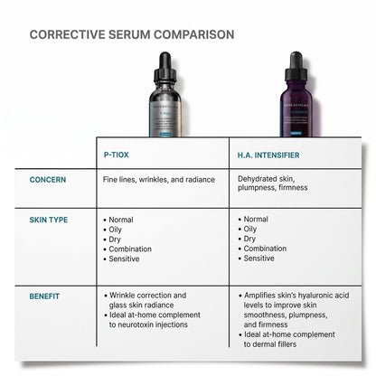 Shop Rescue Spa comparison chart for SkinCeuticals P-Tiox peptide serum and H.A. Intensifier for wrinkle correction.