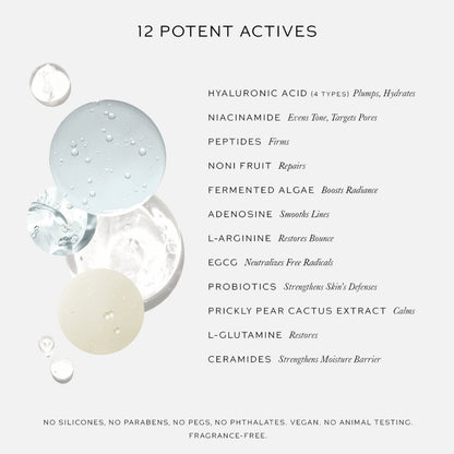 Shop Rescue Spa Skin Activator Serum ingredient list featuring 12 potent actives like hyaluronic acid and peptides.