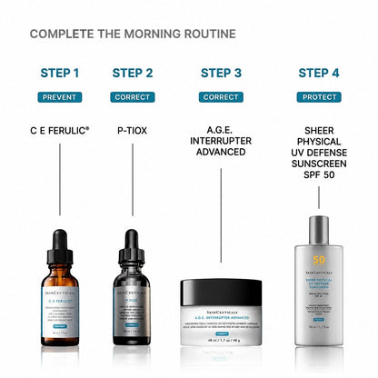 Shop Rescue Spa morning skincare routine guide featuring SkinCeuticals serums, cream, and sunscreen products.