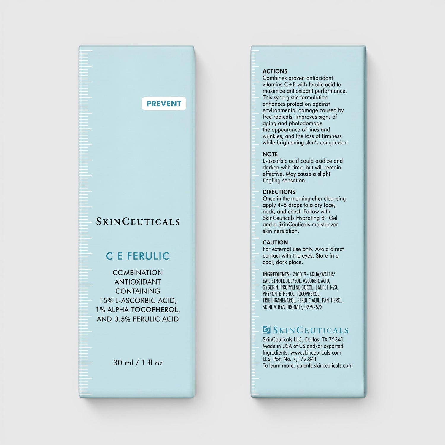 Shop Rescue Spa SkinCeuticals C E Ferulic antioxidant serum packaging showing ingredients and directions