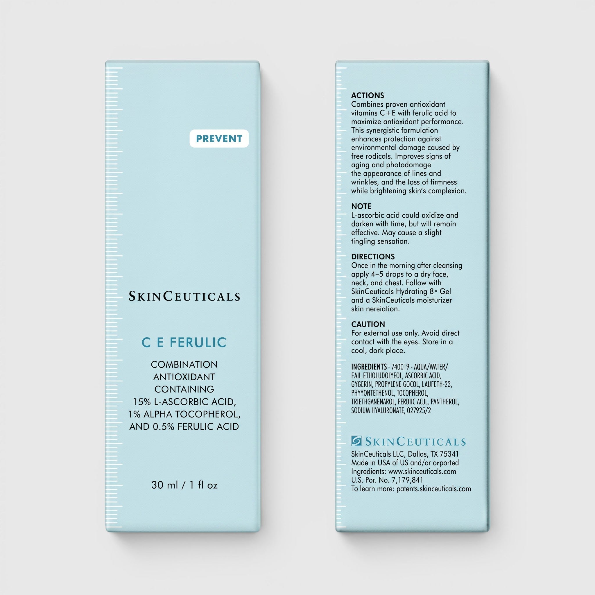 Shop Rescue Spa SkinCeuticals C E Ferulic antioxidant serum packaging showing ingredients and directions