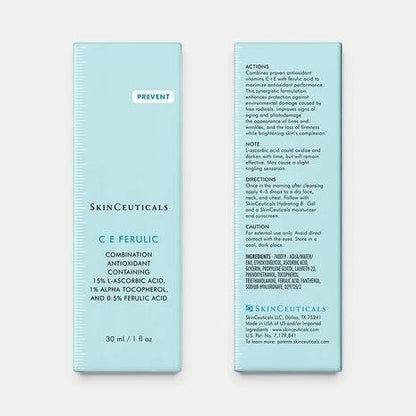 Shop Rescue Spa SkinCeuticals C E Ferulic antioxidant serum box showing ingredients and directions on light blue