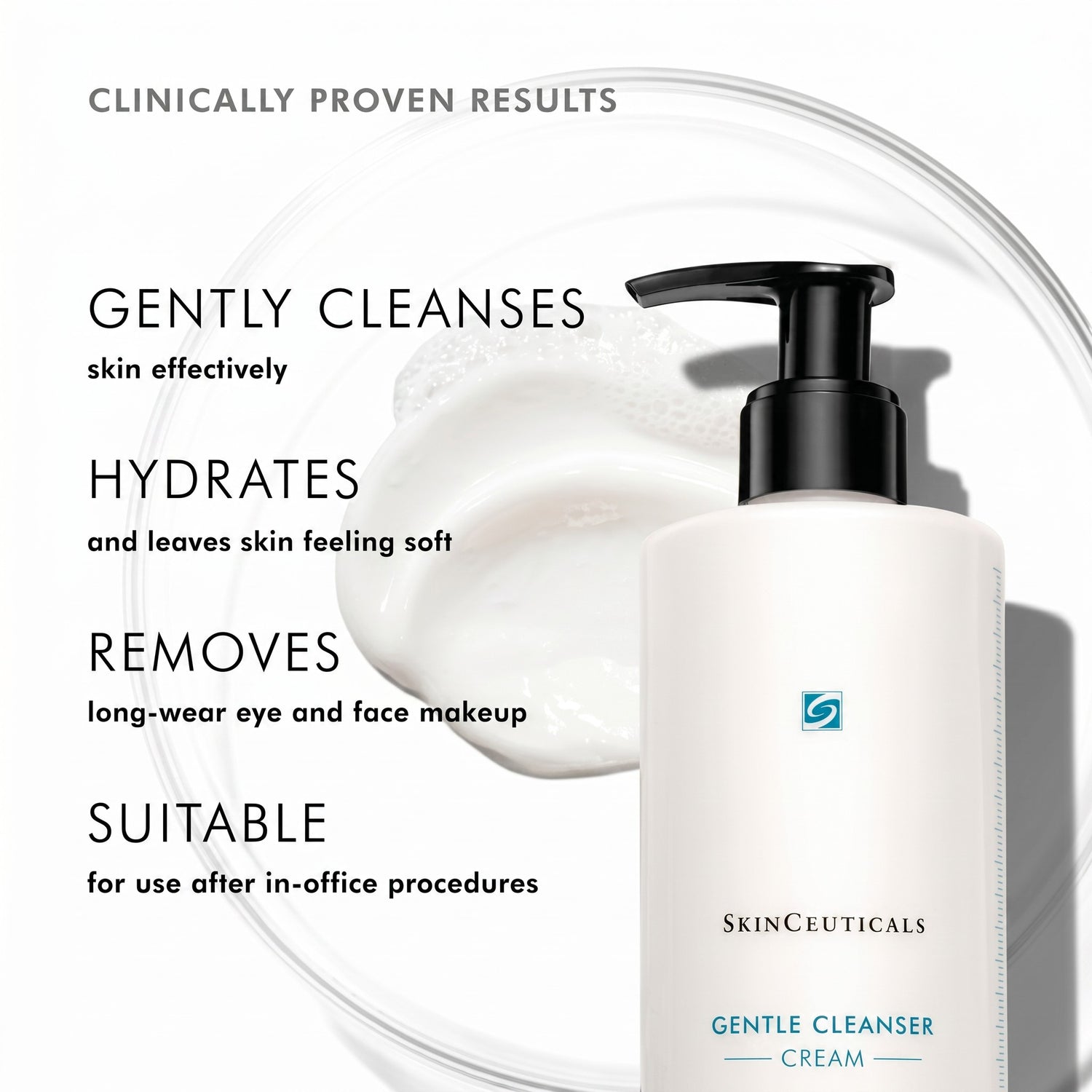 Shop Rescue Spa SkinCeuticals Gentle Cleanser cream bottle with pump and creamy texture swatch on white background