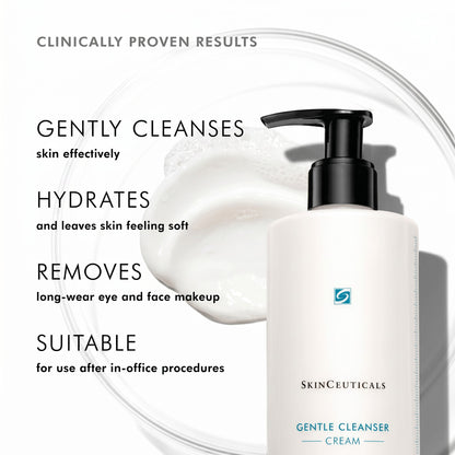 Shop Rescue Spa SkinCeuticals Gentle Cleanser cream bottle with pump and creamy texture swatch on white background