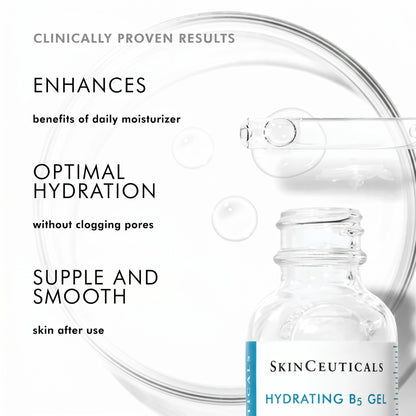 Shop Rescue Spa SkinCeuticals Hydrating B5 Gel serum bottle with dropper and text highlighting hydration benefits