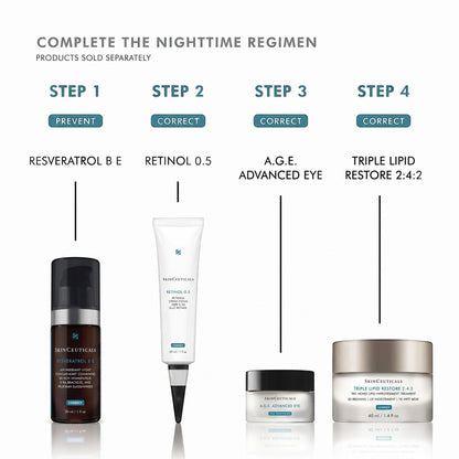 Shop Rescue Spa nighttime skincare regimen featuring SkinCeuticals Resveratrol B E, Retinol 0.5, A.G.E. Advanced Eye, and Triple Lipid Restore 2:4:2