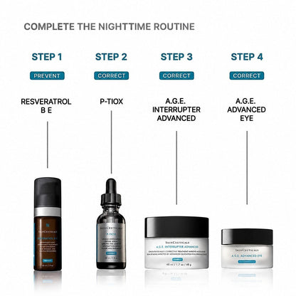 Shop Rescue Spa nighttime skincare routine featuring SkinCeuticals Resveratrol BE, P-Tiox serum, and AGE Interrupter creams.