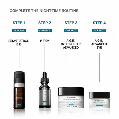 Shop Rescue Spa nighttime skincare routine featuring SkinCeuticals Resveratrol BE, P-Tiox serum, and AGE Interrupter creams.