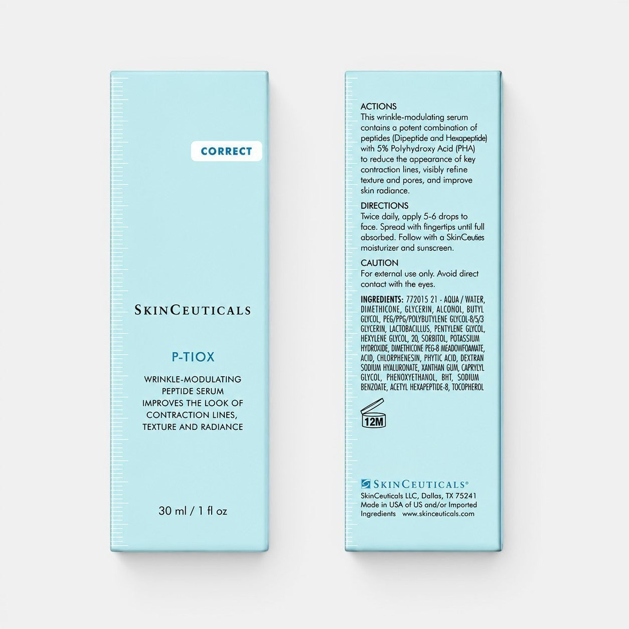 Shop Rescue Spa SkinCeuticals P-Tiox peptide serum packaging showing product benefits and ingredients list