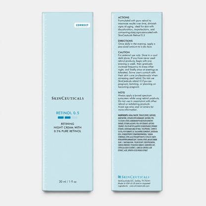 Shop Rescue Spa SkinCeuticals Retinol 0.5 night cream packaging box with product information and ingredients list