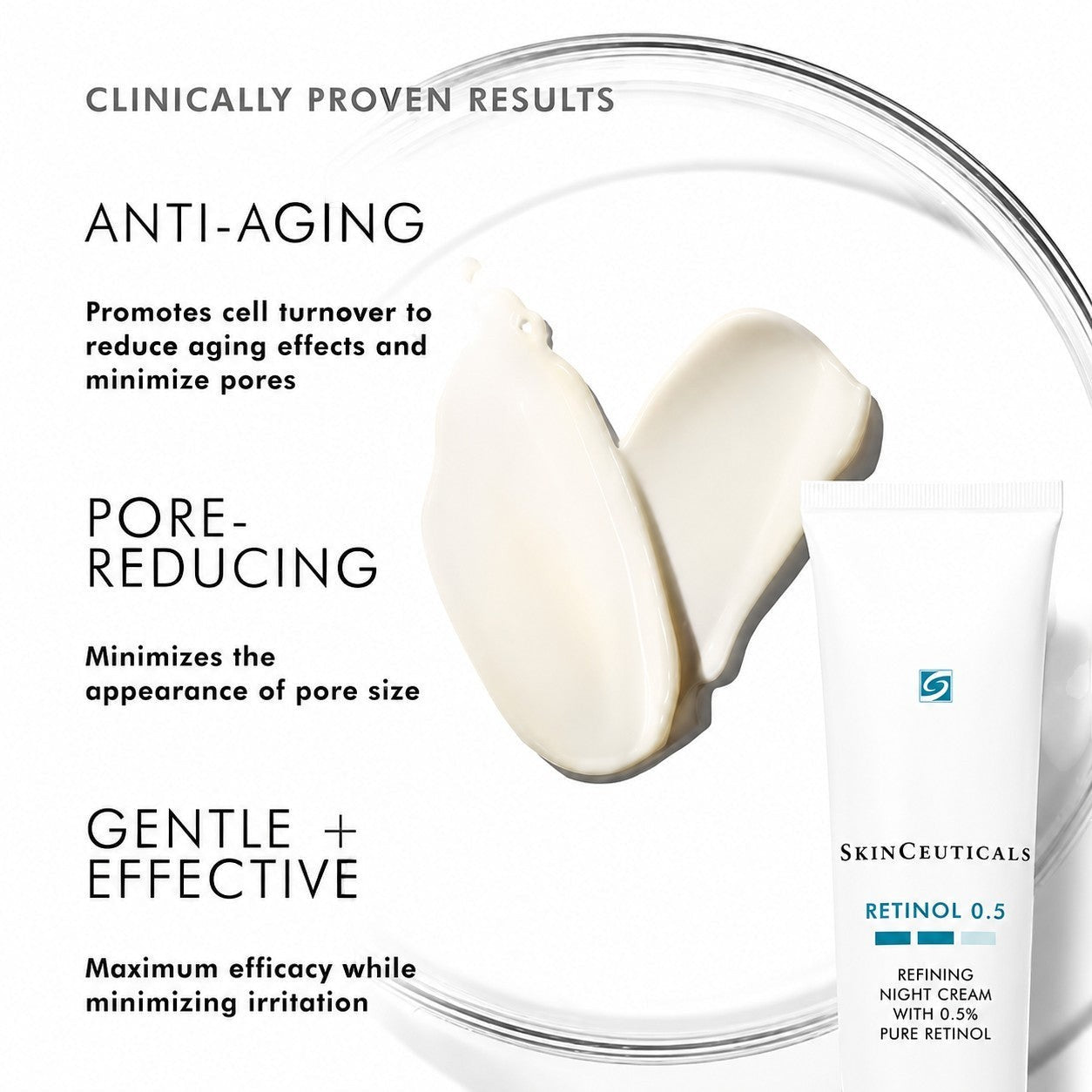 Shop Rescue Spa SkinCeuticals Retinol 0.5 night cream tube with a white cream texture swatch on a glass surface.