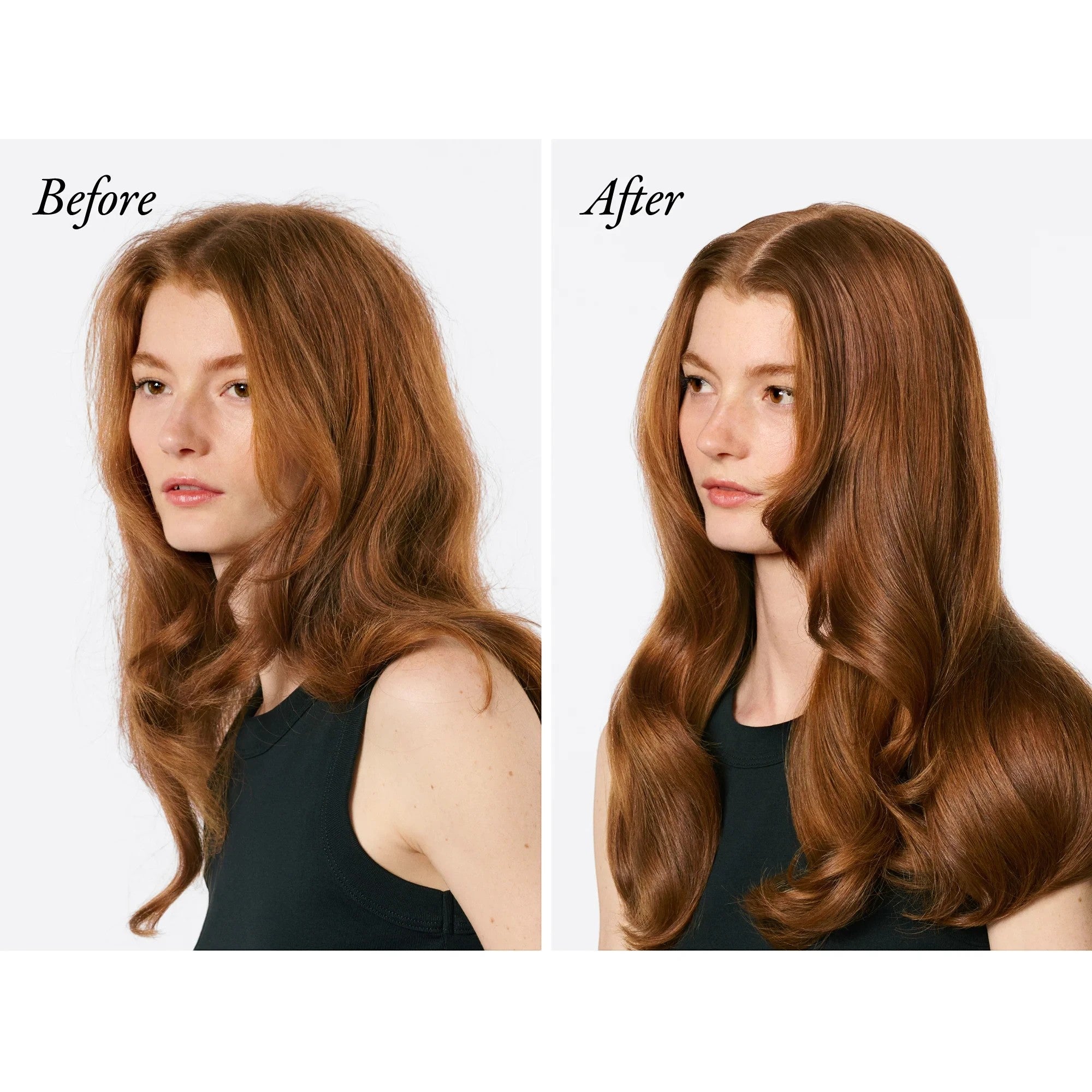 Shop Rescue Spa Supershine Smoothing Wax Stick before and after comparison showing smoother, shinier, and more defined red hair.
