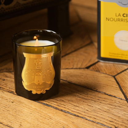 Shop Rescue Spa Solis Rex classic candle in a dark glass vessel with a gold embossed crest on a wooden floor