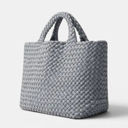 Shop Rescue Spa St. Barths Double Weave Tote in marina grey-blue neoprene with braided handles and woven texture.