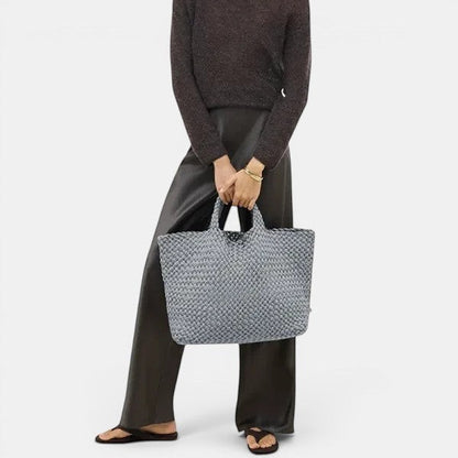 Shop Rescue Spa St. Barths Double Weave Marina tote bag in grey-blue neoprene with woven detail and matching pouch.