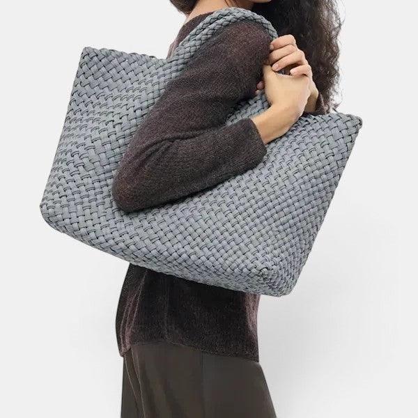 Shop Rescue Spa St. Barths Double Weave Marina tote bag in grey-blue neoprene with woven texture. Includes matching pouch.