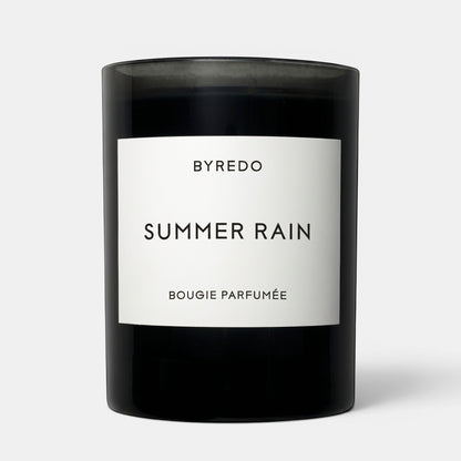 Shop Rescue Spa Byredo Summer Rain scented candle in a sleek black glass jar with a white minimalist label