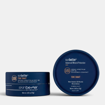 Shop Rescue Spa sunbetter Tone Smart SPF 68 sunscreen compact in a dark blue container, top and side view.