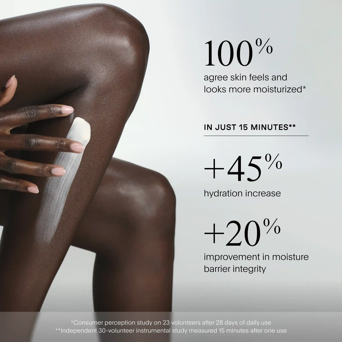 Shop Rescue Spa The Super Body Hydrator cream being applied to dark skin showing radiant moisture and clinical results
