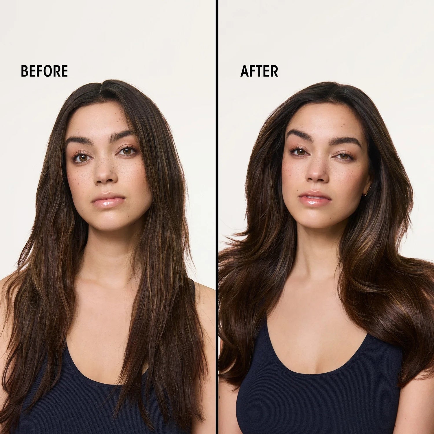 Shop Rescue Spa Supershine Moisturizing Cream before and after results on long brunette hair showing increased shine