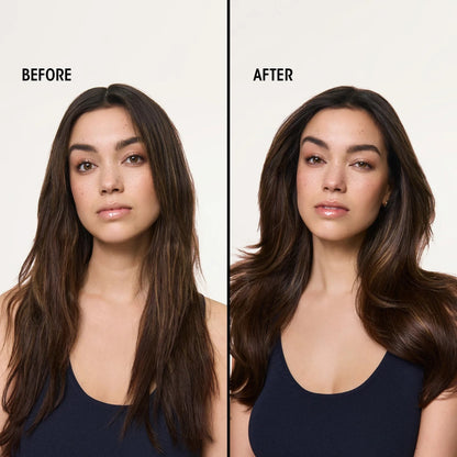 Shop Rescue Spa Supershine Moisturizing Cream before and after results on long brunette hair showing increased shine