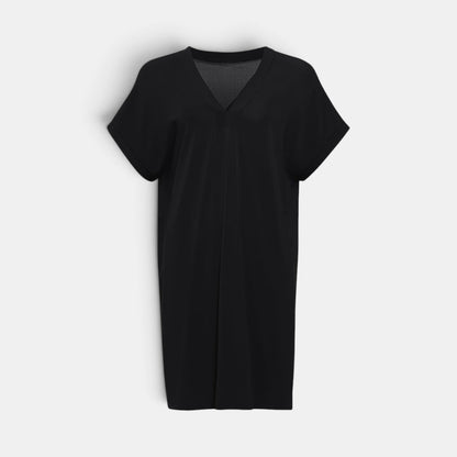 Shop Rescue Spa TALI black short tunic with V-neckline, short sleeves, and raw hem detail.
